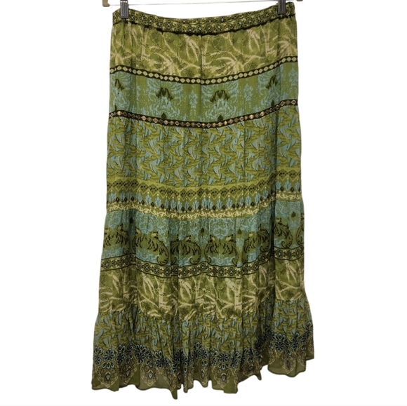 Vintage 90s bohemian Green and Yellow Tiered Midi Skirt - Picture 2 of 6